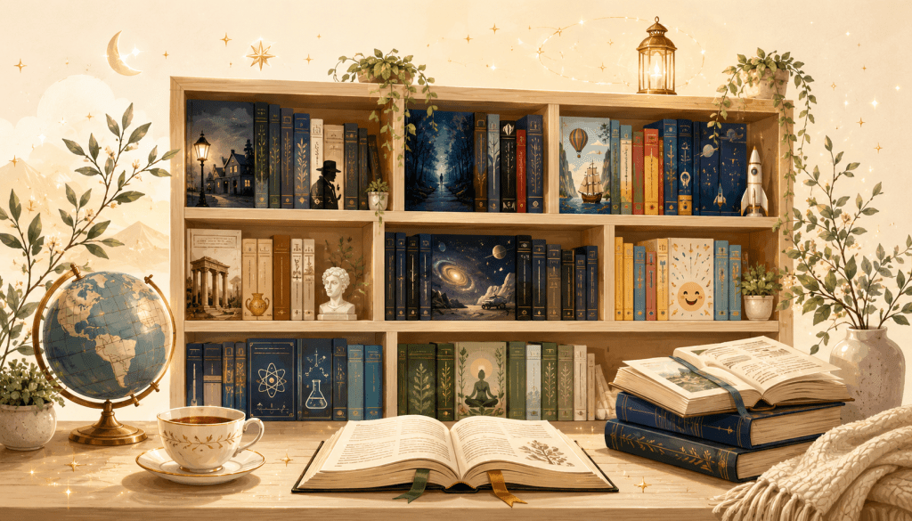 A warm illustrated bookshelf representing the many genres and authors of Wonder Shelf Books