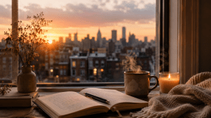 A peaceful journal, warm drink, and candle beside a window at sunset, symbolizing quiet healing after a toxic relationship