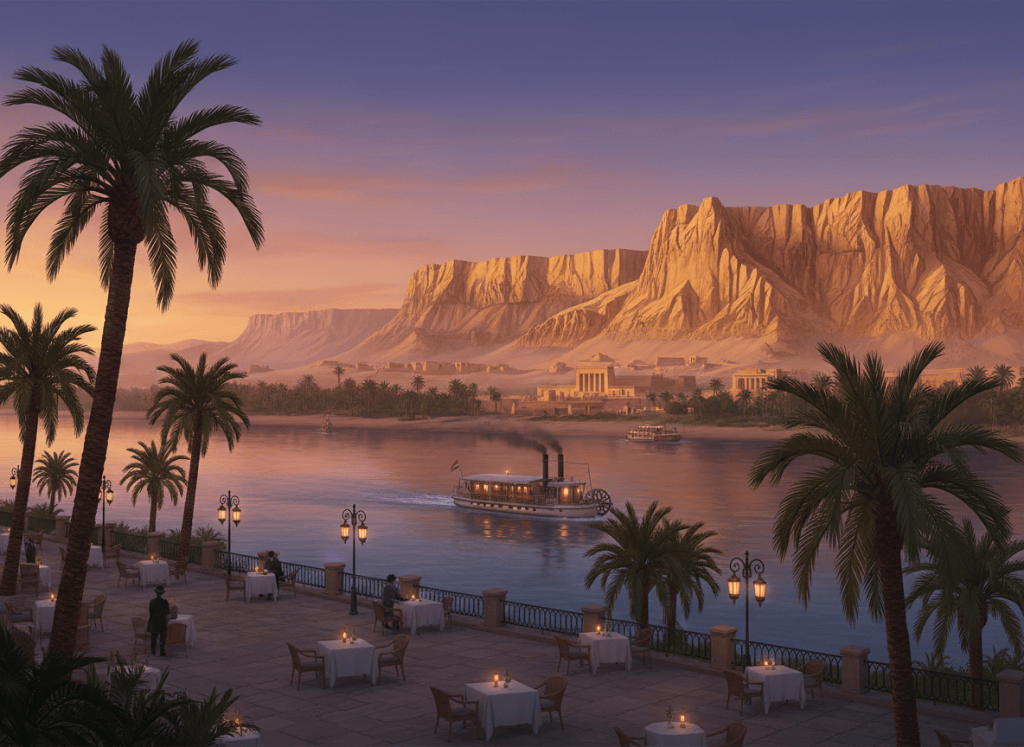 Atmospheric 1920s Luxor scene with the Nile, date palms, a period river steamer, and the Theban west bank