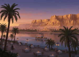 Atmospheric 1920s Luxor scene with the Nile, date palms, a period river steamer, and the Theban west bank