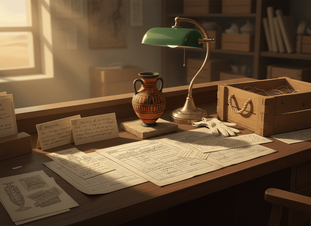 Ancient artifact beside archival catalog cards and provenance records on a 1920s archaeological desk