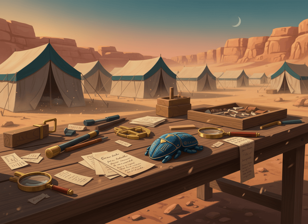 Ancient scarab, catalog cards, numbered records, and excavation tools on a 1920s archaeological worktable in Egypt.