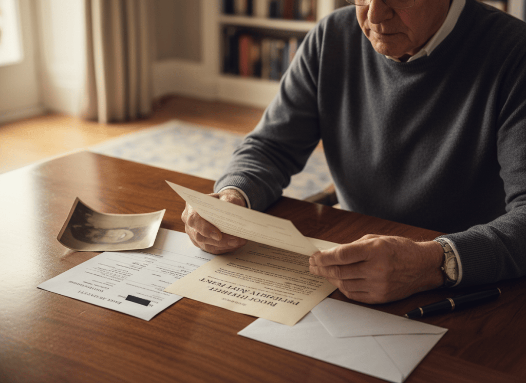 Older adult reviewing fictional property and financial documents at a dining table.