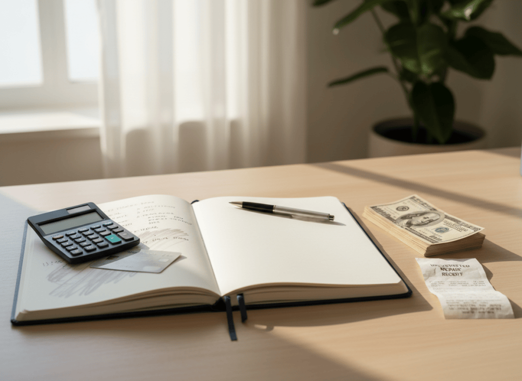 Open notebook, calculator, bills, and an unexpected expense receipt arranged for a budget reset.