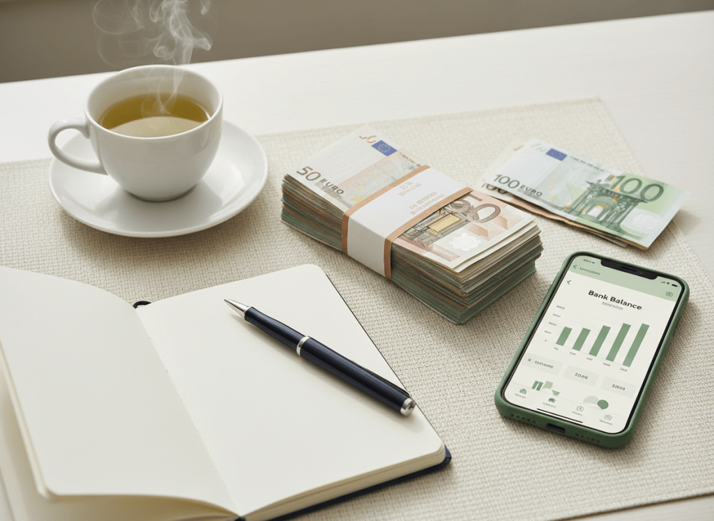 Simple paper money plan beside a phone and bills on a calm desk
