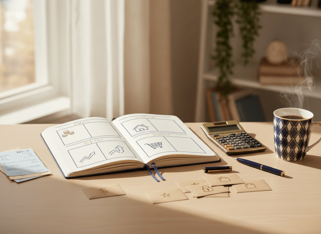 Simple paper budgeting setup with notebook, calculator, household bills, and envelopes on a calm home desk.