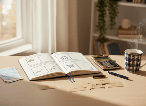 Simple paper budgeting setup with notebook, calculator, household bills, and envelopes on a calm home desk.