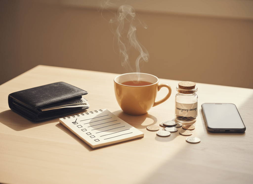 Wallet, checklist, phone, coins, and small savings jar arranged to suggest pausing before spending.