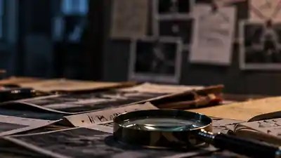 Case files, photographs, notes and magnifying glass on an investigative desk