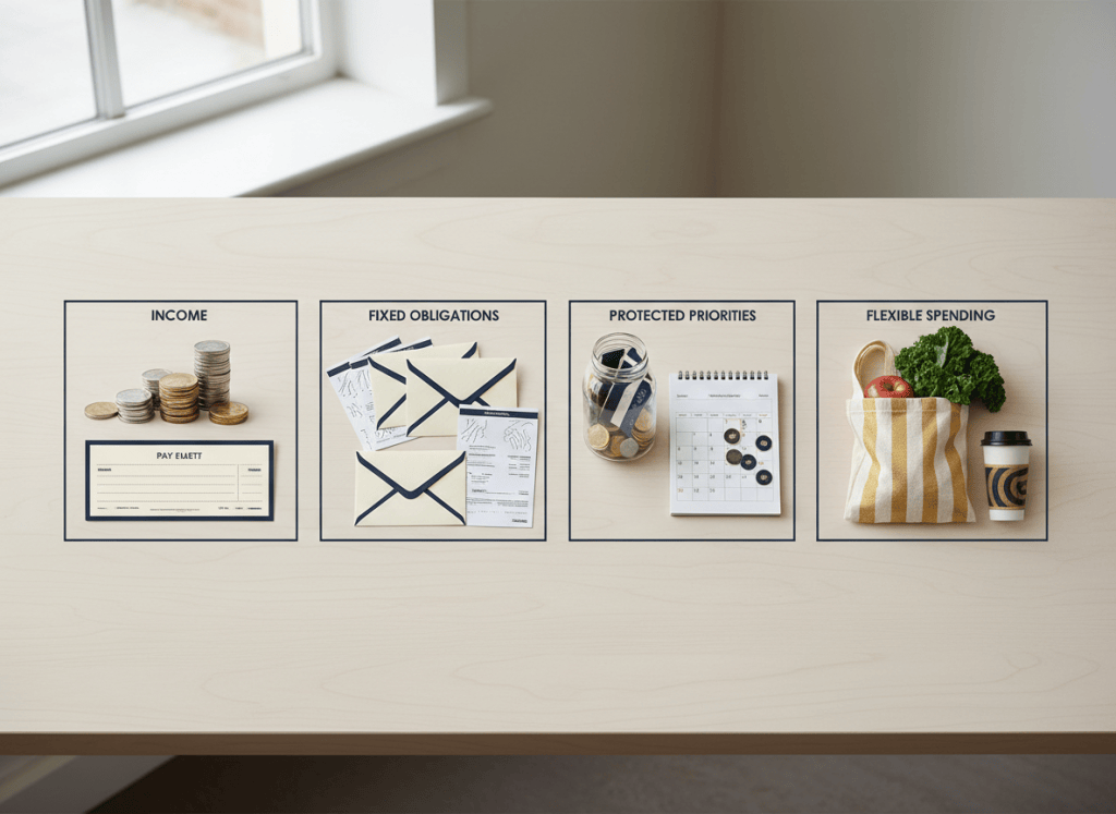 Four grouped sets of everyday money objects representing income, fixed obligations, protected priorities, and flexible spending.