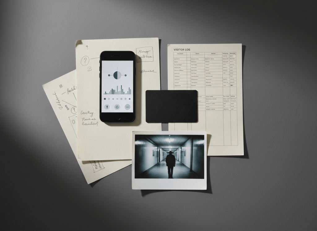 Access card, visitor log, phone records and photographs arranged as fictional investigative evidence.