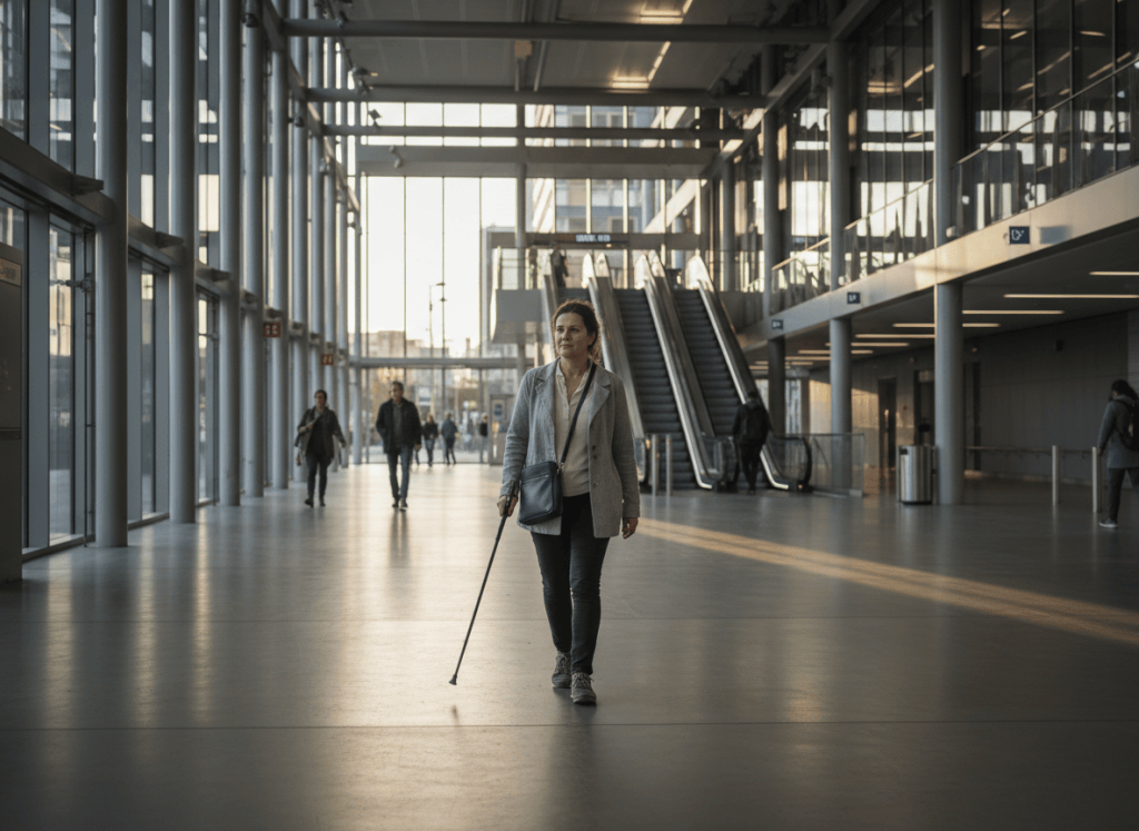 Woman using a mobility cane walking through a calm urban transit area with clear exits and open sightlines.