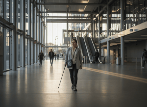Woman using a mobility cane walking through a calm urban transit area with clear exits and open sightlines.