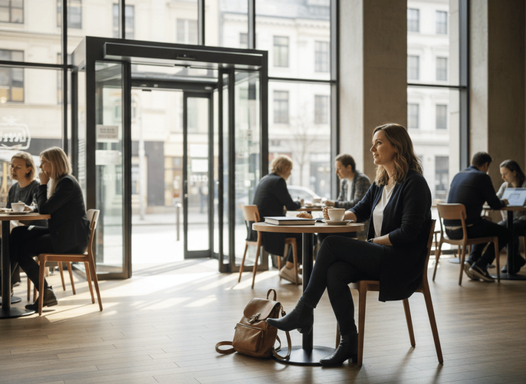 Woman calmly observing a bright café environment with clear sightlines and her belongings close by.