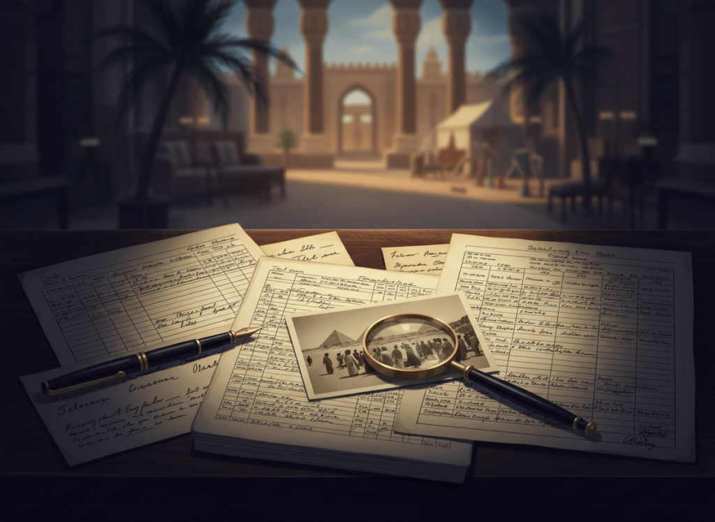 1920s desk with telegrams, ledger pages, railway records, a photograph, and a fountain pen arranged as historical mystery clues.