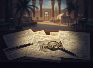 1920s desk with telegrams, ledger pages, railway records, a photograph, and a fountain pen arranged as historical mystery clues.