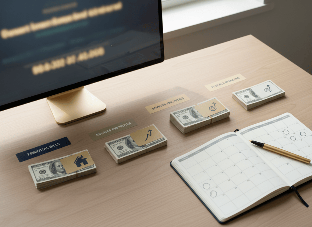 Organized desk with bills, savings items, spending items, calendar, and calculator representing a practical budget reset.