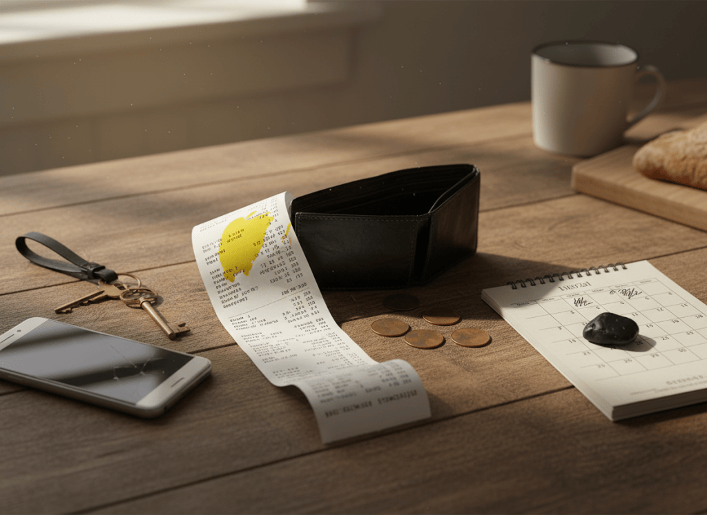 Nearly empty wallet, coins, receipt, phone, and calendar representing financial scarcity and decision pressure.