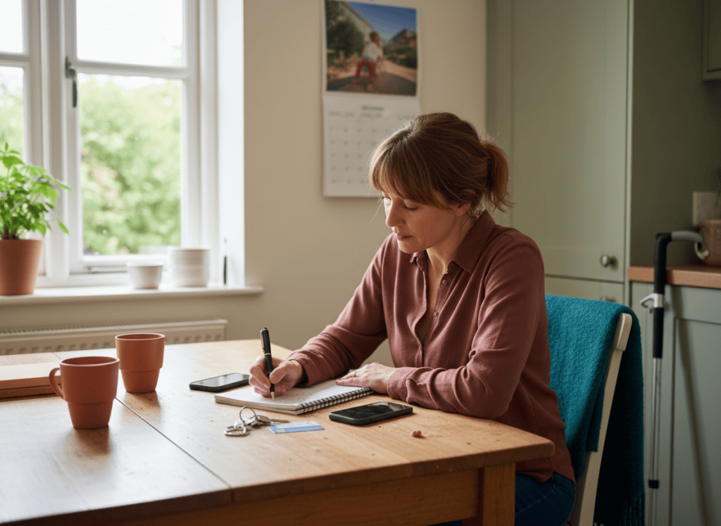 Woman making a practical boundary plan at a table with her phone, keys, calendar, and mobility aid nearby.