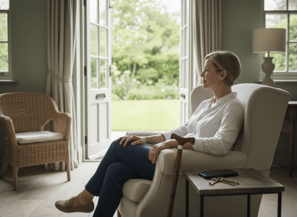 Woman sitting in a softly lit home with her phone, keys, and mobility cane within reach.