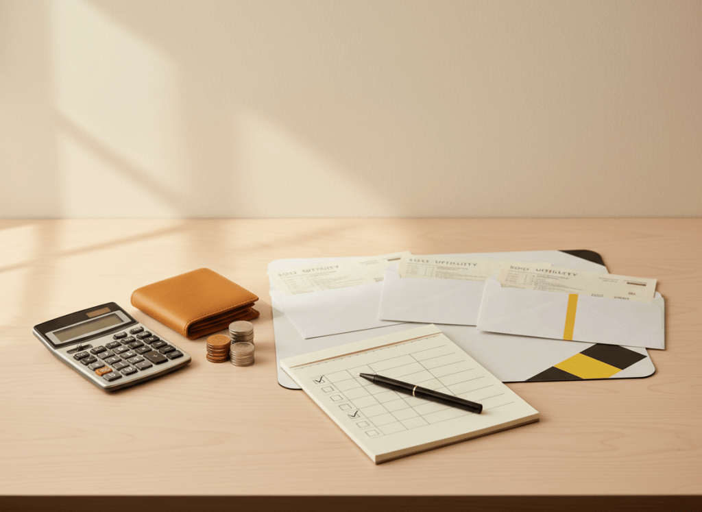 Bills, calculator, wallet, and coins arranged on a desk for prioritizing essential expenses.