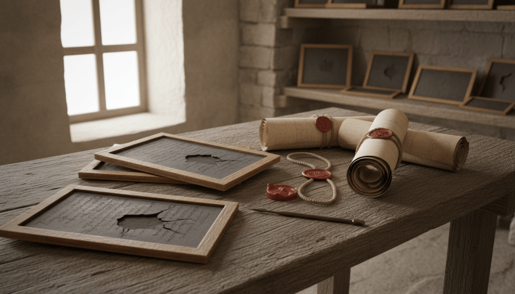Ancient Roman writing tablets, tied documents and wax seals on a stone desk