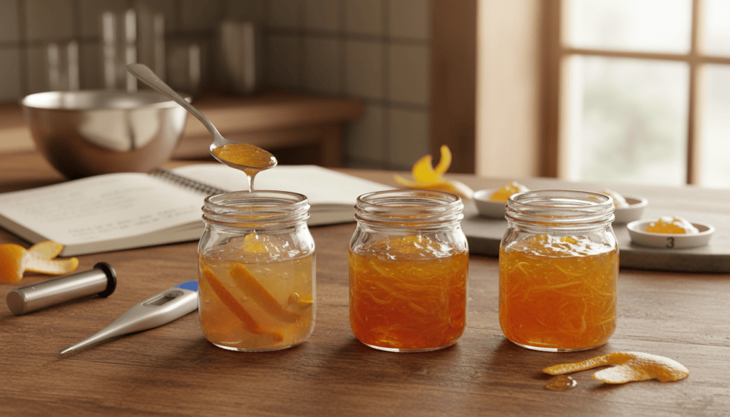 Several marmalade batches beside measuring tools and a notebook, illustrating how texture, timing, and production records can become clues.