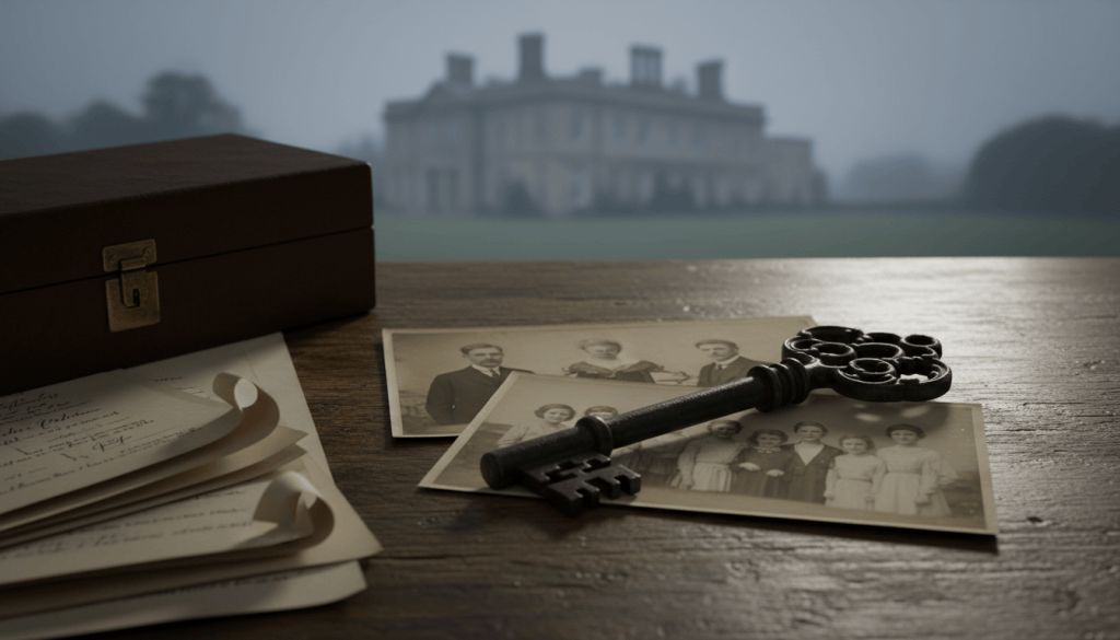 Antique estate key, overlapping family photographs, legal papers, and a document box representing a contested inheritance.