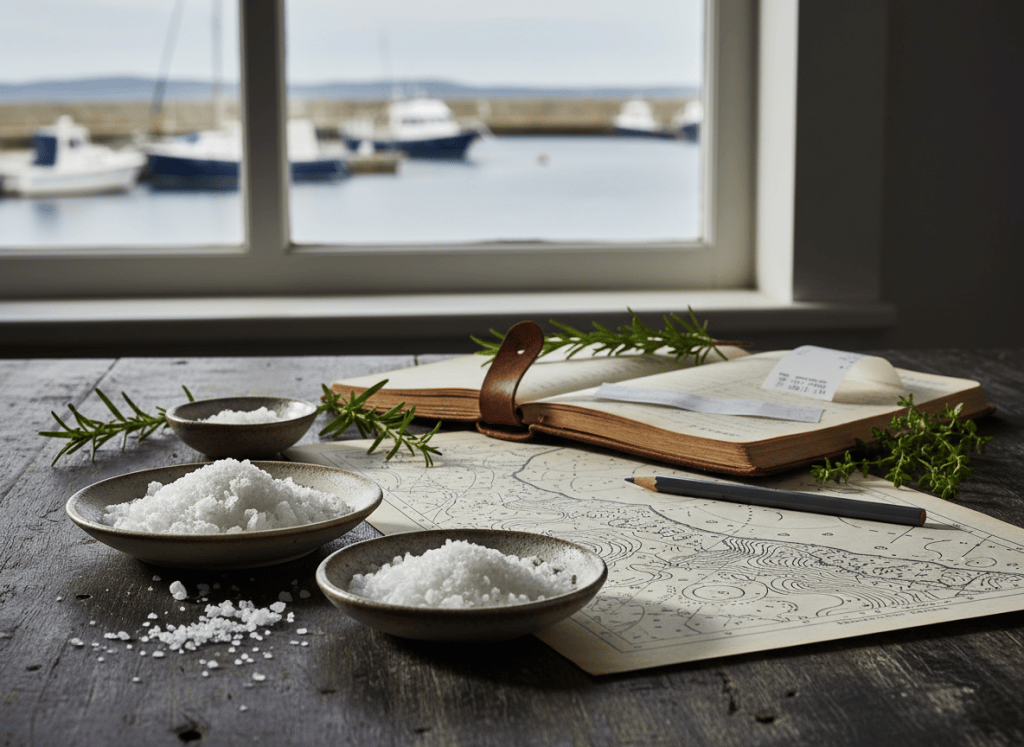 Artisan sea salt, coastal herbs, a tide chart, and a delivery ledger arranged as culinary clues.