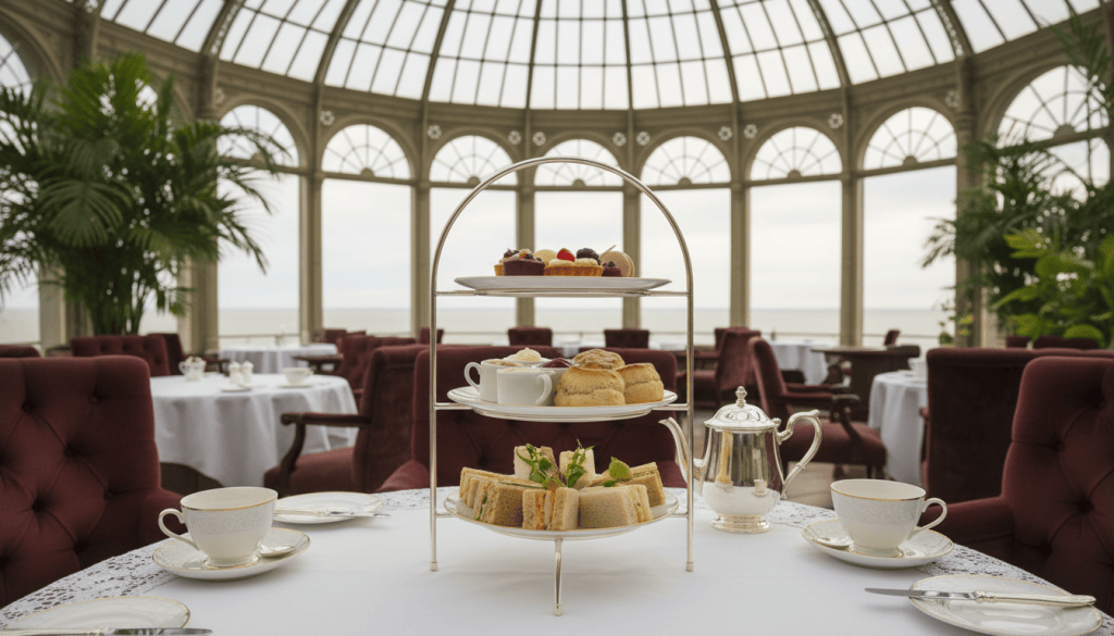 Three-tier afternoon tea stand with sandwiches, scones and pastries in an elegant glass-roofed hotel tearoom.