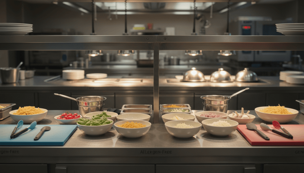 Separate utensils and organized ingredients on a clean restaurant kitchen preparation station.