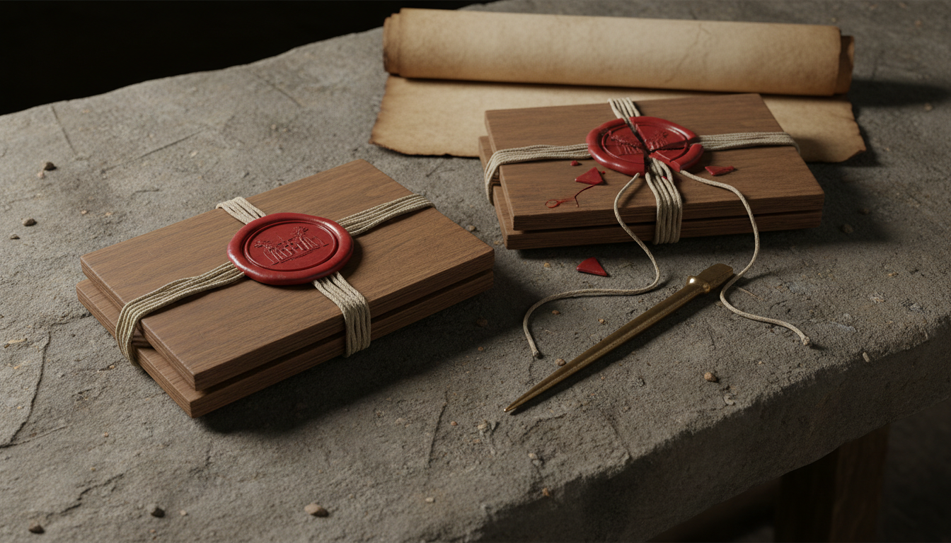 Comparison of intact and broken wax seals on tied Roman documents