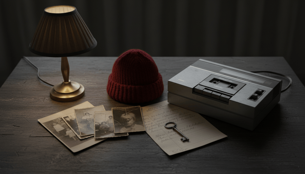 Family photographs, records, a red knitted hat, key, and cassette recorder arranged as memory clues on a dark table.