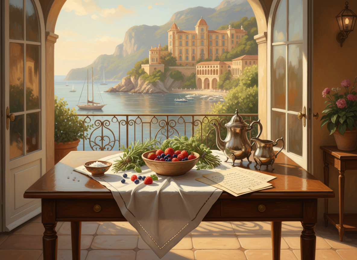 Elegant coastal hotel chef's table with herbs, sea salt, berries, linen, and tea overlooking a harbor.