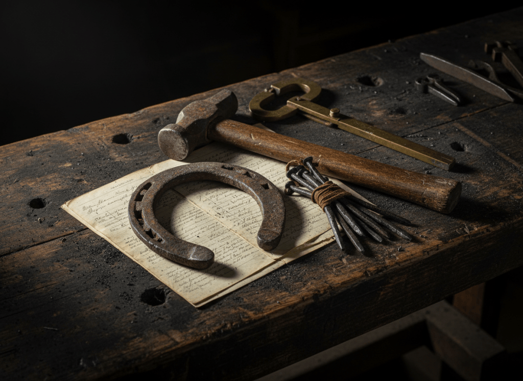 Close-up of blacksmithing tools, worn iron objects and ledger pages used as physical clues.