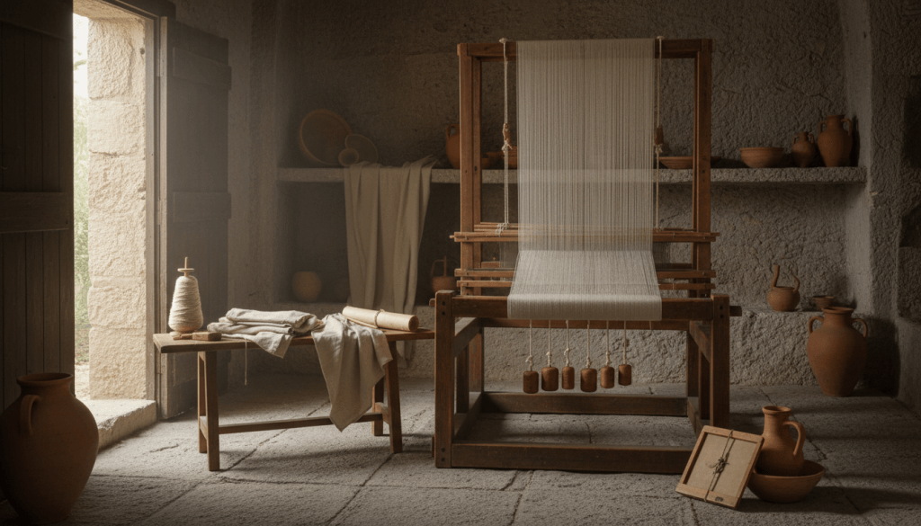 Ancient Roman textile workshop with folded linen, a wooden weaving loom, a wax tablet and stylus.