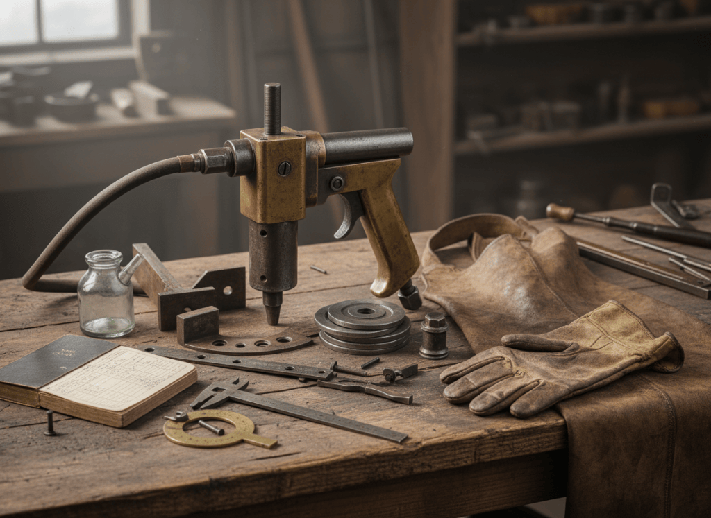 Tools, leather apron and metalworking equipment representing women's skilled work around 1921.