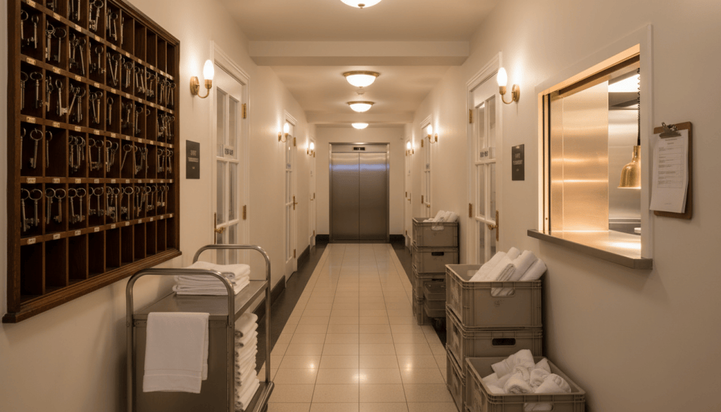 Grand-hotel service corridor with keys, linens, receiving crates, staff doors, and a service lift.