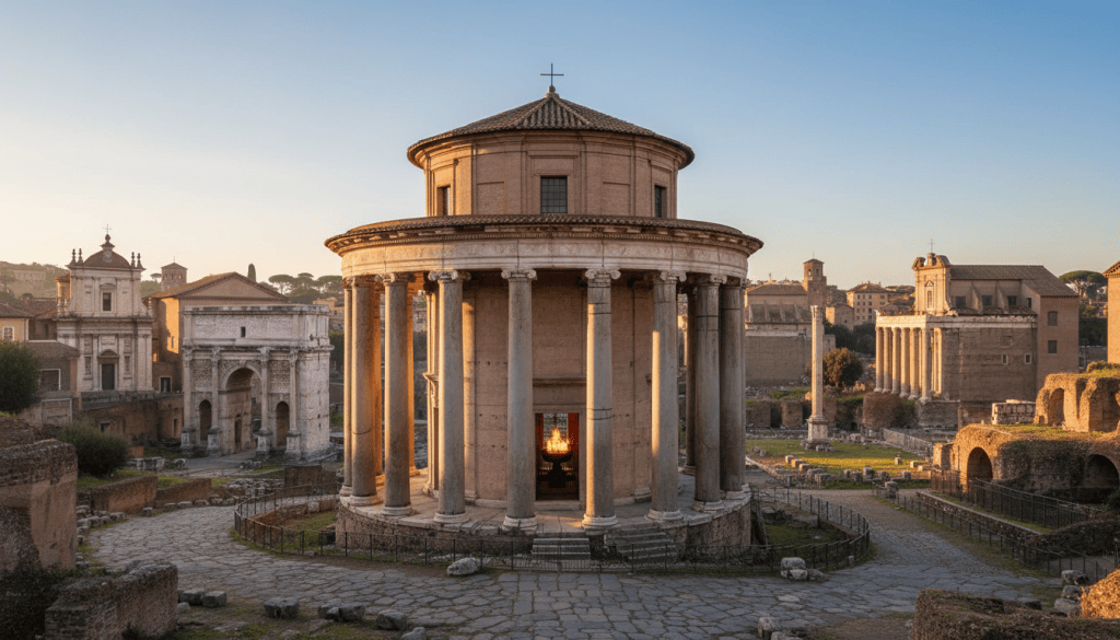 Reconstruction-inspired view of the circular Temple of Vesta, sacred flame and Roman Forum architecture.