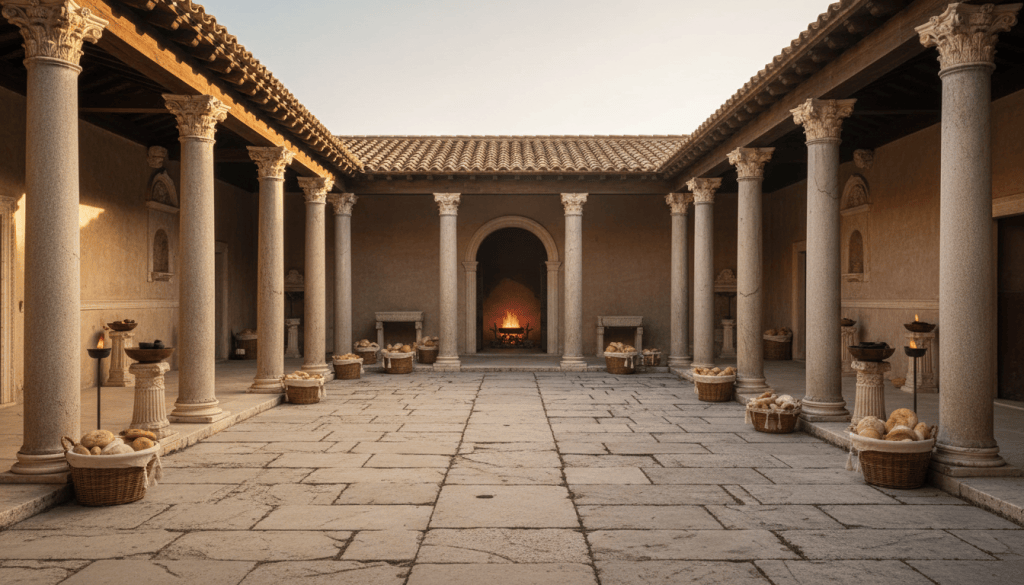 Reconstructed ancient Roman Atrium of the Vestals with colonnades, wool baskets and a sacred flame